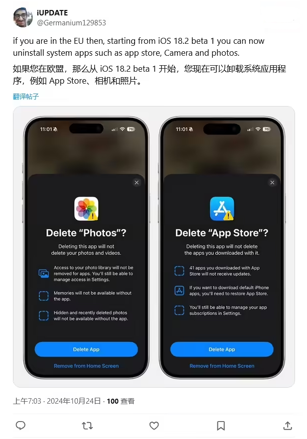 新民苹果手机维修分享iOS 18.2 支持删除 App Store 应用商店 